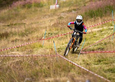 A mountain biker wearing a helmet and racing gear rides down a grassy, marked trail during a downhill competition.