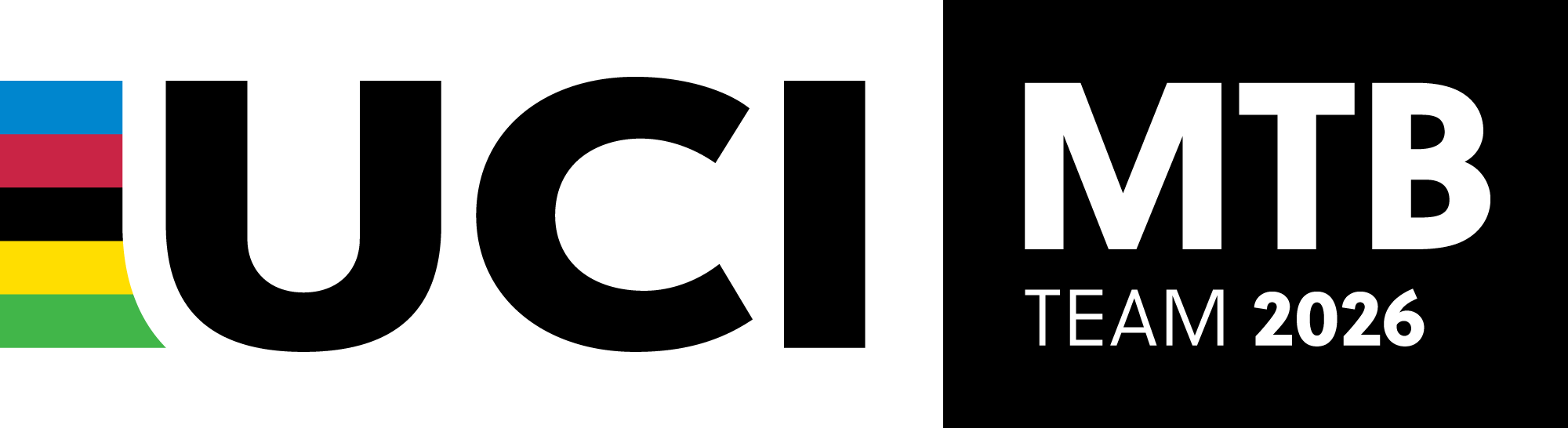 UCI MTB Team 2026 logo with UCI letters beside vertical stripes in blue, red, black, yellow, and green; MTB TEAM 2026 in white on a black background.